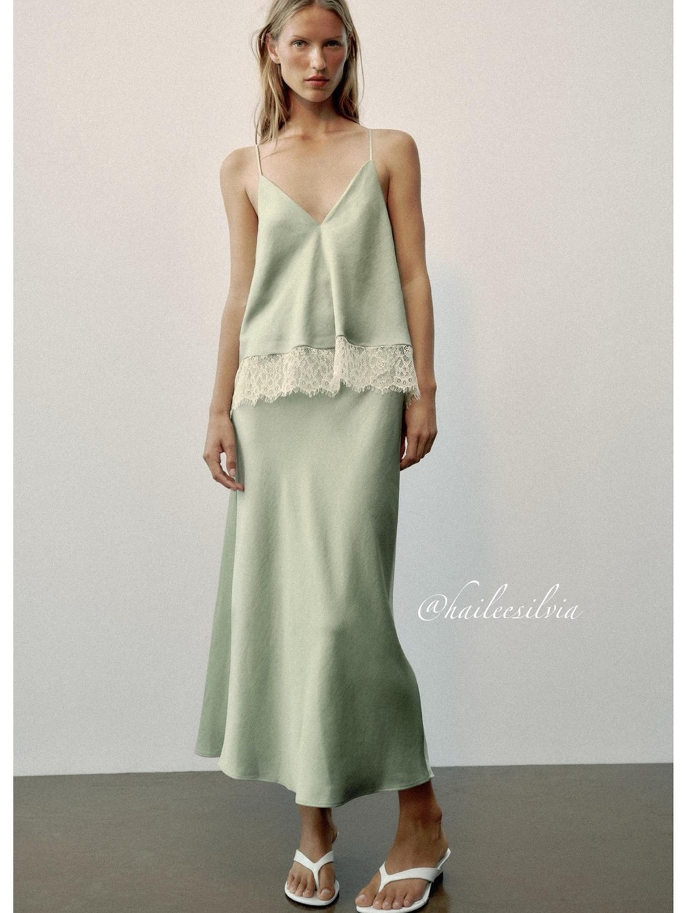 Zara LACE-TRIMMED SATIN MIDI SLIP DRESS